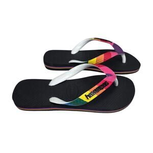 HAVAIANAS RAINBOW PRIDE FLIP-FLOPS – SIZE 35/36 – BLACK SOLE / WHITE STRAP